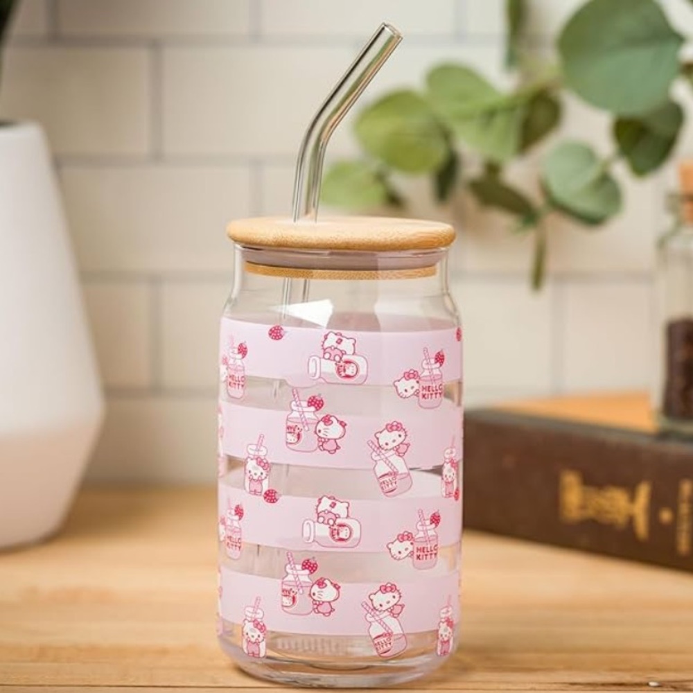 Hello Kitty 16oz Glass Tumbler Cup with Straw